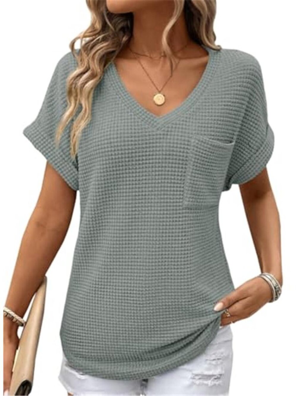 Womens Waffle Knit Tops 2026 Summer Shirts Womens Blouses Basic Tee